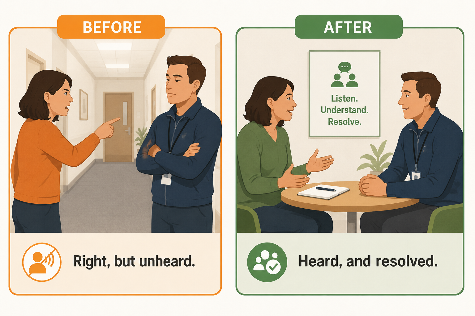 Before and after: left panel shows a woman pointing a finger at a man in a hallway, captioned Right, but unheard. Right panel shows two people seated at a table with open posture, captioned Heard, and resolved.